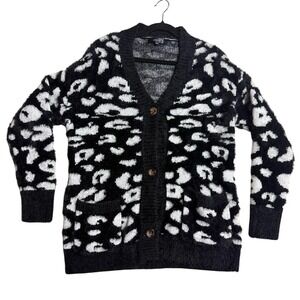 Zesica Women Black White Leopard Print Cardigan FauxFur Soft Winter Medium